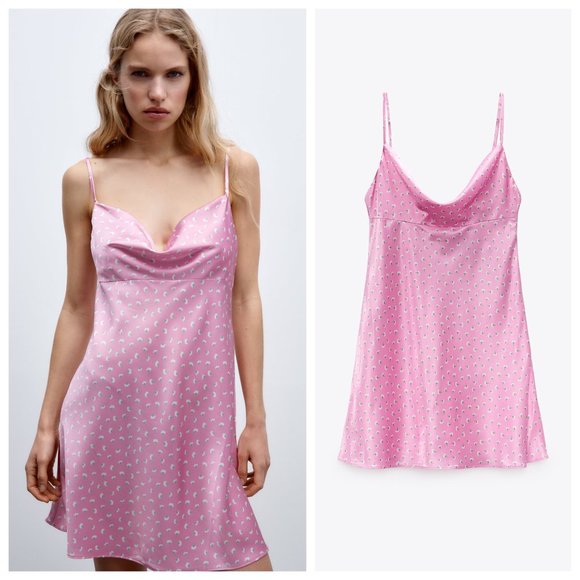 Zara Dresses & Skirts - Zara Satin Barbie Pink Floral Cowl Neck Slip Dress